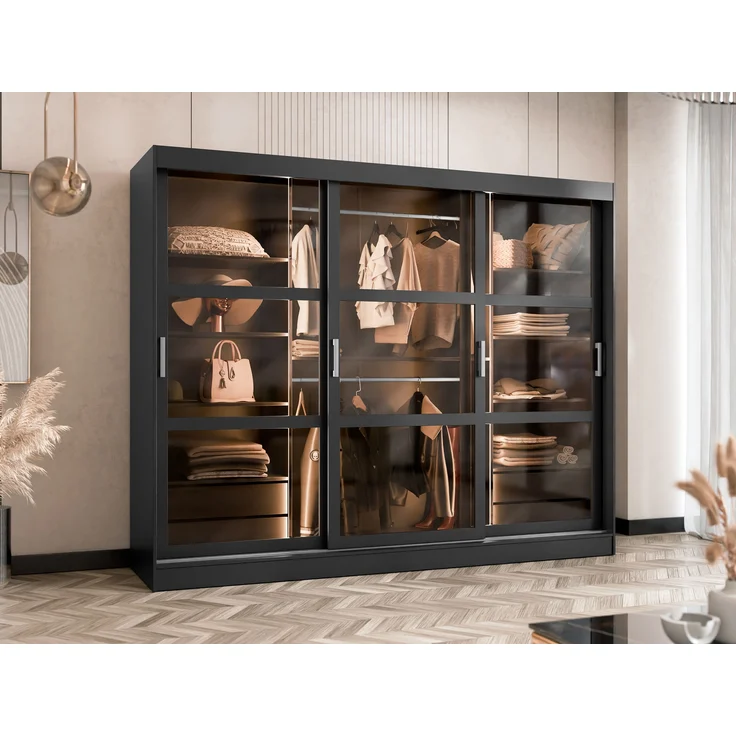 Mirjan24 'Norilo 250' Kleiderschrank, mit warmweißer LED Beleuchtung, Holz Schwarz, 203 x 250 x 65 cm – Bild 2
