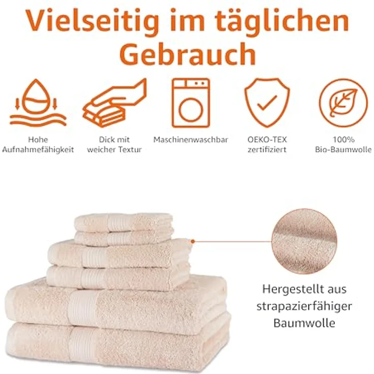 Amazon Basics Handtücher Set 6-teilig, 100% Bio-Baumwolle, ausbleichbeständig, weich, Blush Rosa, mit 2 Badetüchern, 2 Handtüchern und 2 Waschlappen – Bild 2