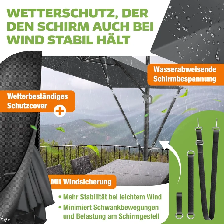 KESSER® Sonnenschirm Ampelschirm SUN XL 300 x 300 cm Inkl. Abdeckung +Windsicherung Drehbar Neigbar Kippbar Marktschirm Groß 360° Rotation, Gartenschirm mit Kurbel Sonnenschutz UV50+ Anthrazit, Mit LED – Bild 7