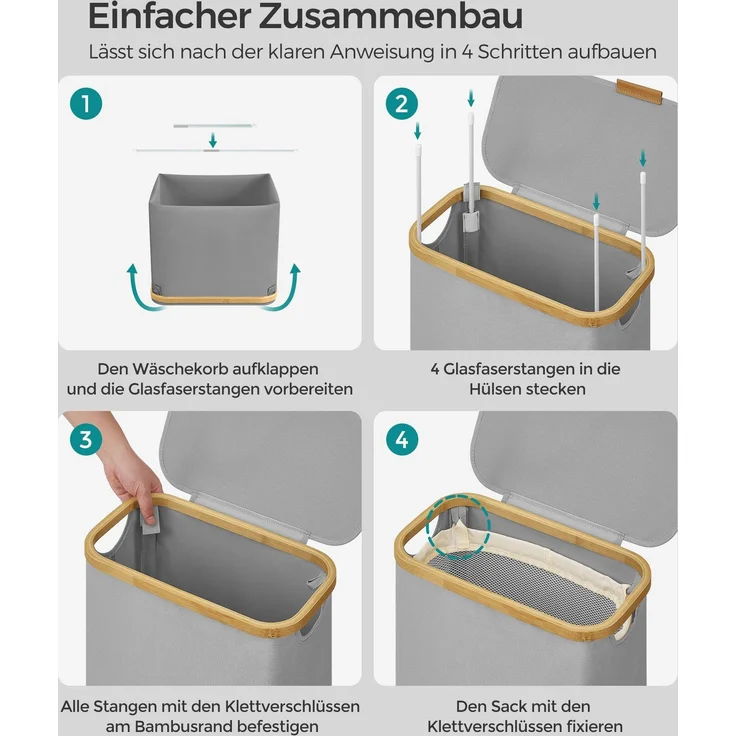 SONGMICS Wäschekorb mit Deckel und herausnehmbarem Wäschesack, zusammenklappbar, Bambus / Oxford-Gewebe taubengrau, 65 l – Bild 4