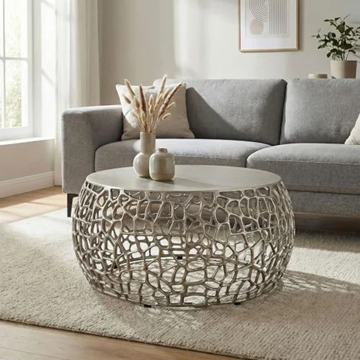 FINEBUY Couchtisch FB116656 Metall Silber Sofatisch Ø 66 cm Tisch Wohnzimmertisch Rund (60 cm Silber, Beistelltisch Metall Modern Rund), Metalltisch mit Ast-Struktur, Tisch Modern – Bild 2