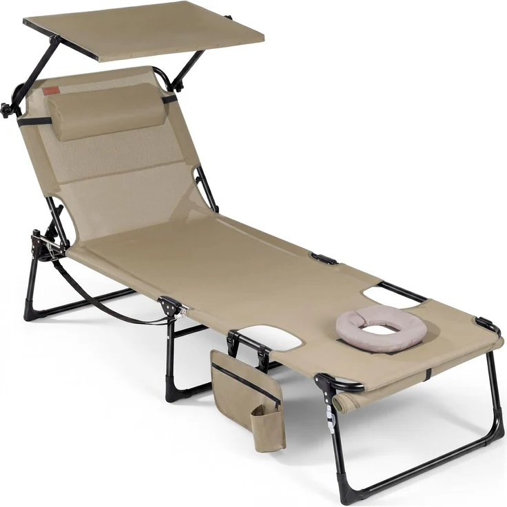 Homecall XXL Sonnenliege mit Gesichtsöffnung & Sonnendach, 200x70 cm Gartenliege für Bequeme Bauchlage, klappbarer Liegestuhl mit 4-Fach Verstellbarer Rückenlehne, bis 180 kg (2, Beige)