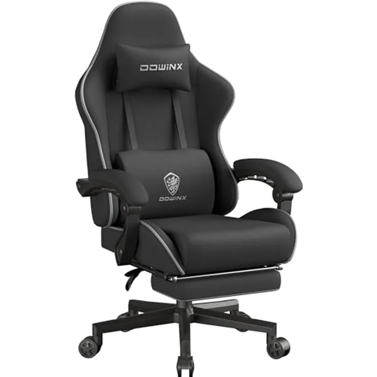 Dowinx Gaming Stuhl Tasche Frühling Kissen, Atmungsaktiver Bürostuhl aus Hochwertigem Stoff, Ergonomischer PC-Stuhl mit Kopfstütze, Drehbarer Schreibtischstuhl mit Fußstütze (Schwarz) – Bild 2