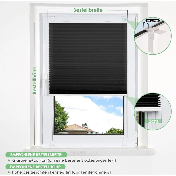 bobodeco Plissee ohne Bohren Klemmfix Faltrollo Jalousie Schwarz 80x130 cm (BxH), Plisseerollo Sichtschutz und Sonnenschutz Blickdicht Easyfix lichtdurchlässig Rollo für Fenster & Tür – Bild 6