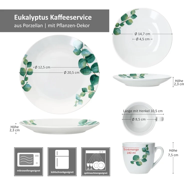 18tlg Kaffeeservice Eukalyptus Porzellan 6 Personen Tassen Untertassen Teller – Bild 5