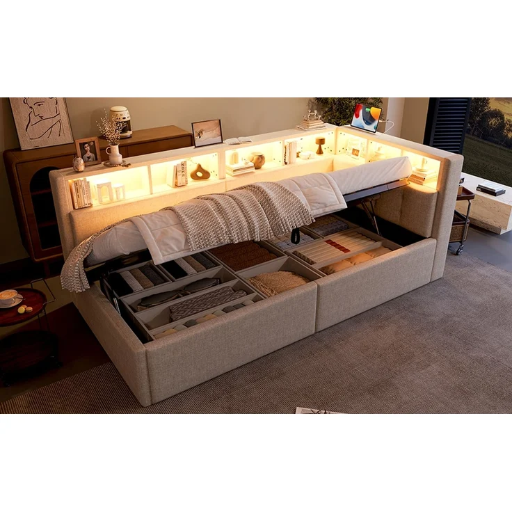 ZUBALIYA Schlafsofa / Tagesbett, mit hydraulische Aufbewahrungsfunktion und mehrfarbiger LED-Streifenbeleuchtung, 90 x 200 cm, Leinen, Beige, fürs Schlafzimmer, mit Stauraum, mit LED, Samt – Bild 22