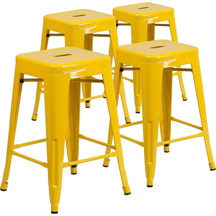 Flash Furniture Handelsübliche Qualität, 61 cm hoch, rückenfrei, Metall, für drinnen und draußen, Thekenhöhe, Hocker mit quadratischem Sitz, Kunststoff, verzinkter Stahl, Gelb, 4 Stück