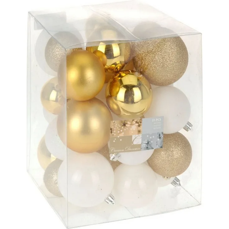 BURI Weihnachtsbaumkugeln 31er Set Gold & Weiß Christbaumkugeln Baumschmuck Kugeln
