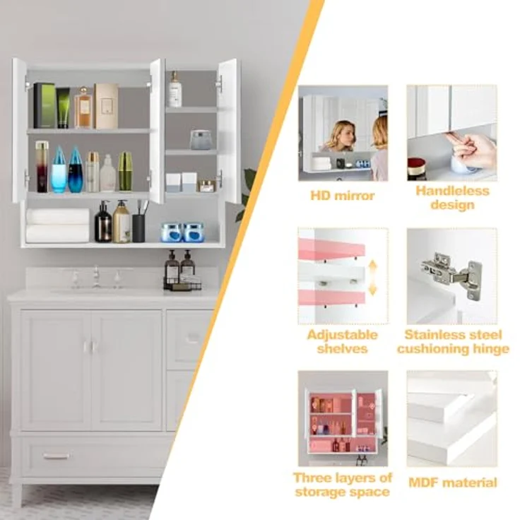 TUKAILAI Spiegelschrank Badezimmerschrank mit 3 Spielgeltüren und zusätzlicher Ablage, Aufbewahrungsschrank mit verstellbaren Regalebenen Wandschrank Medizinschrank Hängeschrank für Badezimmer Weiß – Bild 7
