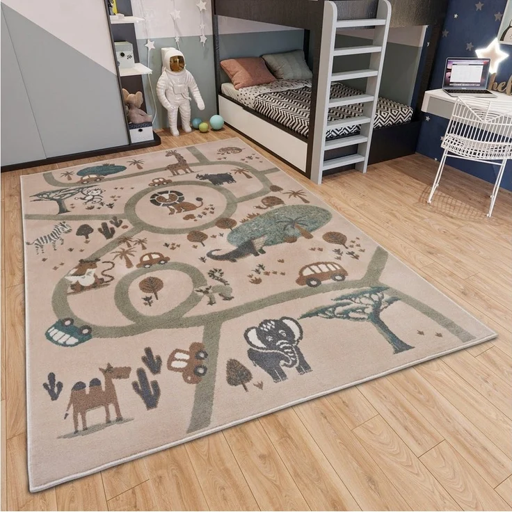 Hanse Home Adventures Kinderteppich - Tier Dschungel Spielteppich Straße Straßenteppich Teppich Junge Mädchen für Kinderzimmer, Jugendzimmer, Wohnzimmer - Creme Braun Grau, 160x235 cm – Bild 1
