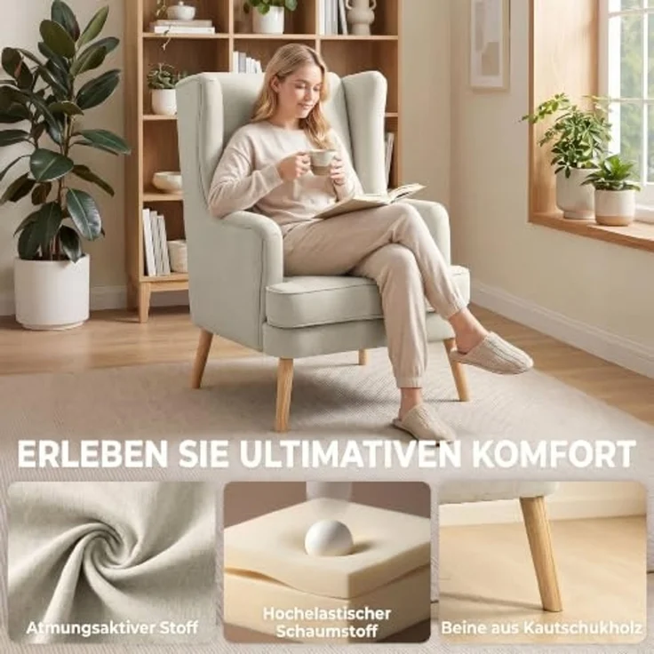 HOMCOM Relaxsessel mit Lendenkissen, hoher Rückenlehne, breitem Sitz (Loungesessel, 1-St, Ohrensessel), für Wohnzimmer Schlafzimmer Beige – Bild 6