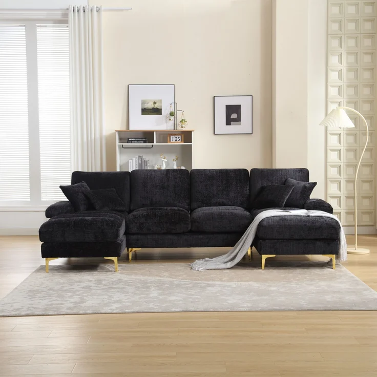 (Old SKU:W1880S00025)Modernes großes Chenille U-Shape Sektionssofa mit doppelten Liegesitzen für Wohnzimmer Schlafzimmer Büro Wohnung Villa Wohnzimmer Zuhause am Kamin--Schwarz--272x136x88cm--YOUDENOVA – Bild 4