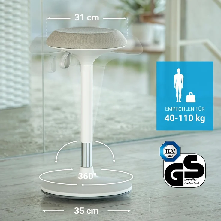 Ergotopia 'Dykó I' Sitz-Stehhocker mit Schwingeffekt, 360° drehbar, höhenverstellbar 57–83 cm, Beige / Weiß – Bild 5