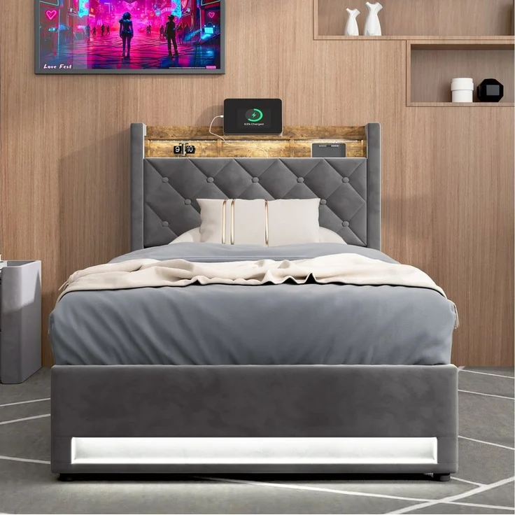 HAUSS SPOLE Polsterbett 90x190cm mit USB, 2 Steckdosen, LED-Beleuchtung Metallrahmen Grau (LED Doppelbett mit Lattenrost, Ohne Matratze), Modernes Design Jugendbett – Bild 3