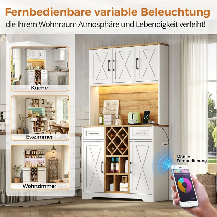 ZUBALIYA hoher Stauraumschrank mit LED-Beleuchtung / Vorratsschrank mit Weinregalen, mit weinschrank & Vitrinenschrank für Wohnzimmer und Esszimmer, 180 x 105 x 40 cm, fürs Wohnzimmer, mit Schubladen – Bild 13