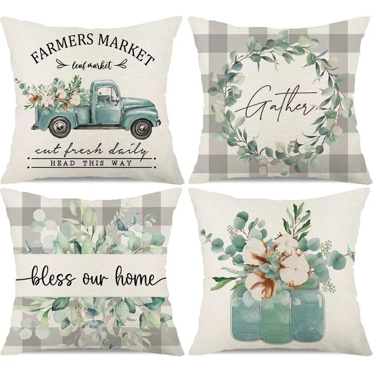 Kissenbezüge 45×45 cm 4er-Set Buffalo Plaid Truck & Eukalyptus, Bless Our Home, Farmhouse