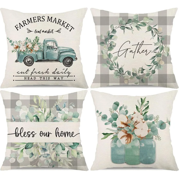 Kissenbezüge 45×45 cm 4er-Set Buffalo Plaid Truck & Eukalyptus, Bless Our Home, Farmhouse – Bild 1