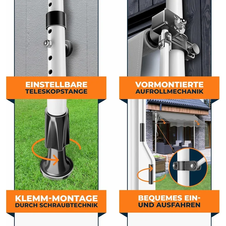 KESSER® Klemmmarkise mit Handkurbel & LED Lichterkette | Balkonmarkise ohne Bohren | Markise UV-beständig höhenverstellbar & wasserabweisend | Sonnenschutz für Balkon Terrasse & Garten Grau, 300cm – Bild 4
