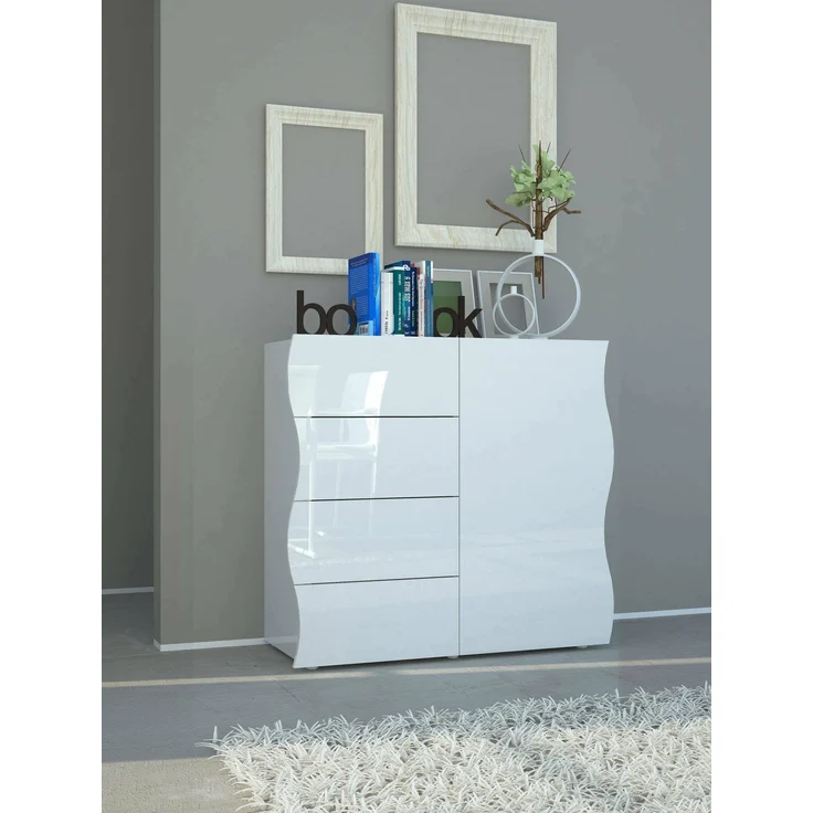 Dmora - Kommode Giuseppe, Küchen-Sideboard mit 4 Türen und 1 Schublade, Wohnzimmer-Buffet, 100 % Made in Italy, 90 x 40 x 81 cm, glänzendes Weiß, – Bild 1