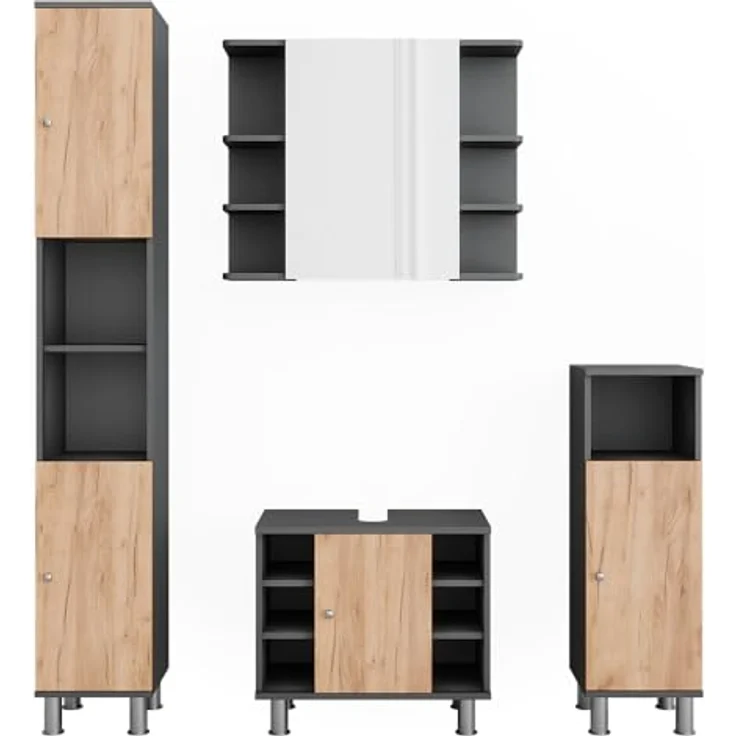 Vichy Badmöbel-Set Fynn, modernes Badmöbelset mit 4 Teilen, Anthrazit/Goldkraft Eiche, großzügiger Stauraum für Badutensilien – Bild 1