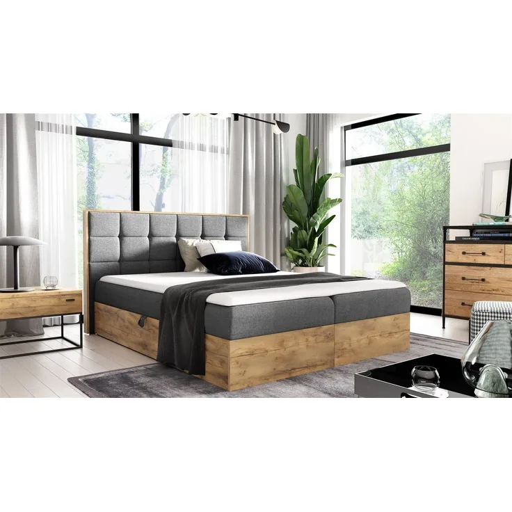Boxspringbett Schlafzimmerbett KALYPSO 160x200 cm Stoff Grau inkl. Bettkasten