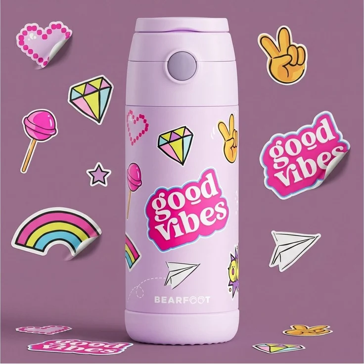 BEARFOOT Trinkflasche Thermo Kinder Trinkflasche Edelstahl - Sticker lila, Thermosflasche, auslaufsicher, Edelstahl, Kinderflasche, BPA-frei – Bild 2