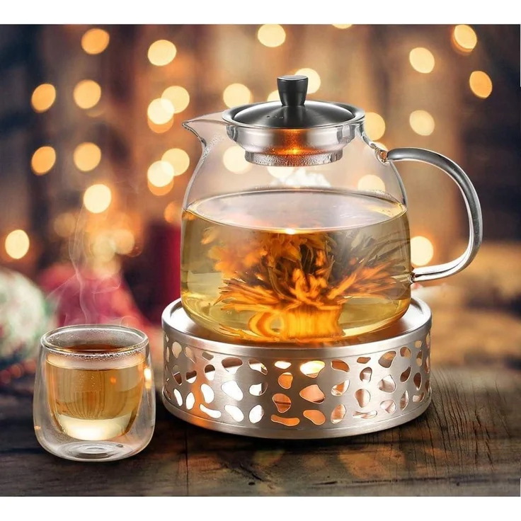 Teekanne 1000ml Stövchen Glas Edelstahl Teewärmer Type6 Silber – Bild 7