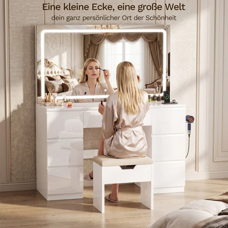 HOMALL Schminktisch 115 cm großer LED-Schminktisch mit einstellbarer Helligkeit (Maße: 115 × 40 × 139 cm, mit 7 Schubladen, 2 Steckdosen, 1 USB-Anschluss und 1 Typ-C-Anschluss sowie einer Halterung für den Föhn, als Set mit Frisiertisch und Stuhl erhäl... – Bild 3