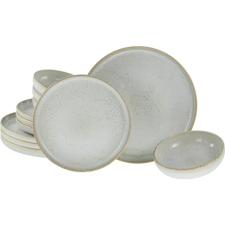 Creatable Tafelservice Uno Vintage, 12-teiliges Geschirrset aus Keramik in offwhite/Grauweiß, stapelbar und lebensmittelecht