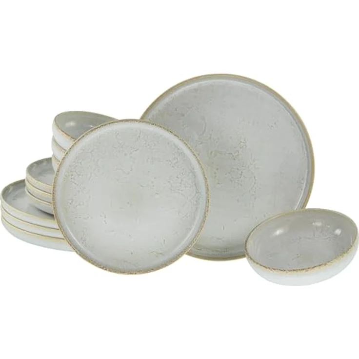 Creatable Tafelservice Uno Vintage, 12-teiliges Geschirrset aus Keramik in offwhite/Grauweiß, stapelbar und lebensmittelecht – Bild 1