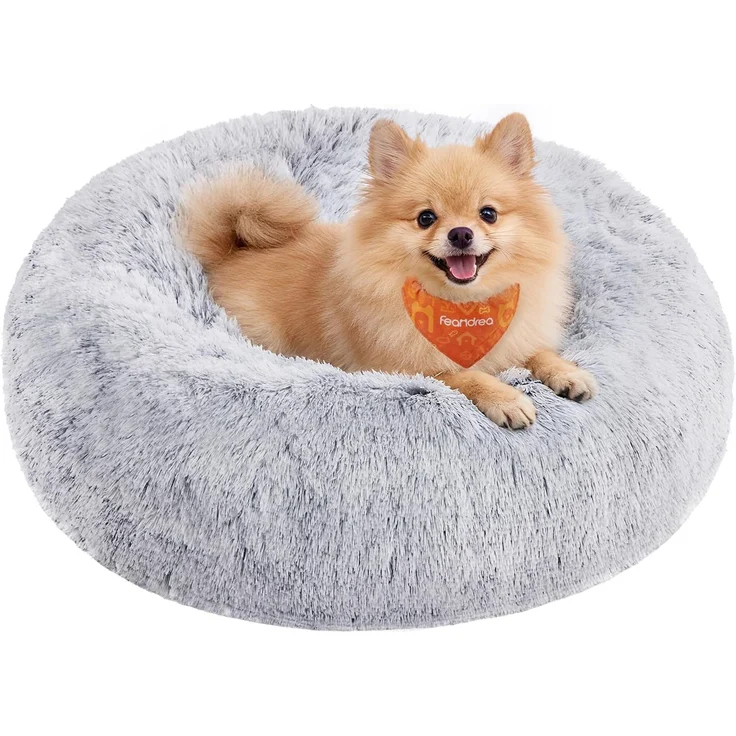 Feandrea Hundebett flauschig, Katzenbett, Donut Kissen, waschbar, Polsterung in der Mitte herausnehmbar, langer Plüsch, 60 cm Durchmesser, Ombré-Grau – Bild 1