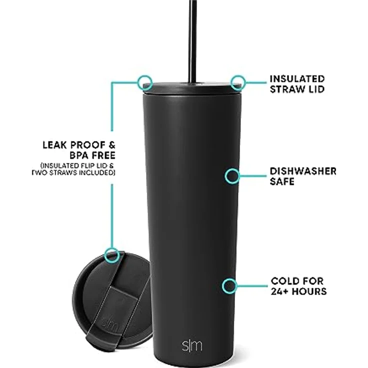 Simple Modern Thermobecher mit Strohhalm und Deckel | Trinkbecher mit Henkel Wiederverwendbare Edelstahl | Geschenke für Frauen und Männer | Classic | 830ml | Midnight Black – Bild 2