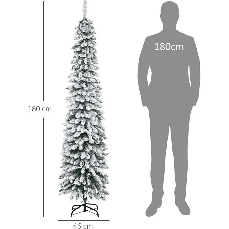 HOMCOM Künstlicher Weihnachtsbaum Bleistiftbaum mit Beflockung, schmal, Tannenbaum, mit 395 Spitzen, Schnee, Zapfen und klappbar Metallständer, Grün+Weiß – Bild 2