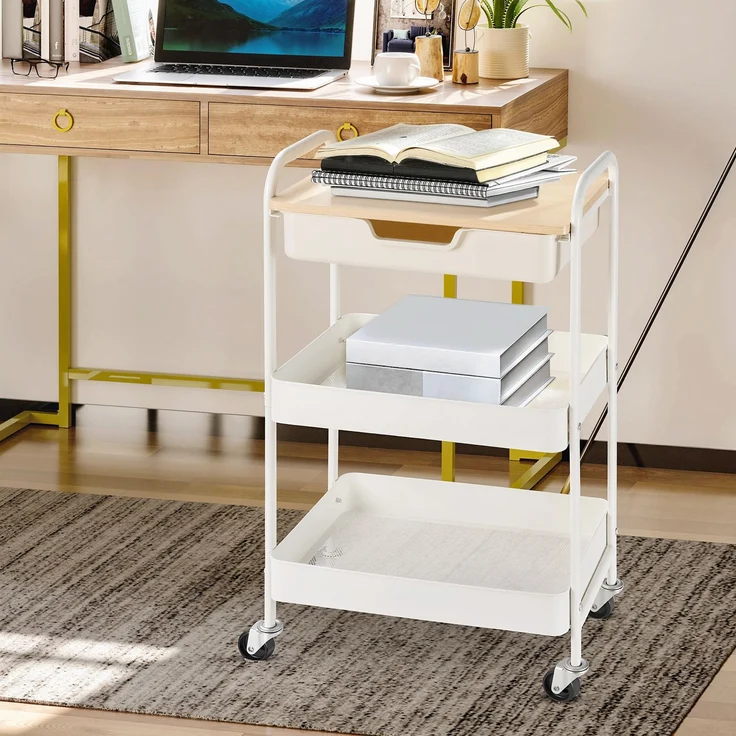 Rollbarer Küchenwagen, 2 Regale, Schublade, Ablage, 4 Rollen, Griffe, Stahl, Weiß--Weiß--43.9x30.5x75.6cm--YOUDENOVA – Bild 10