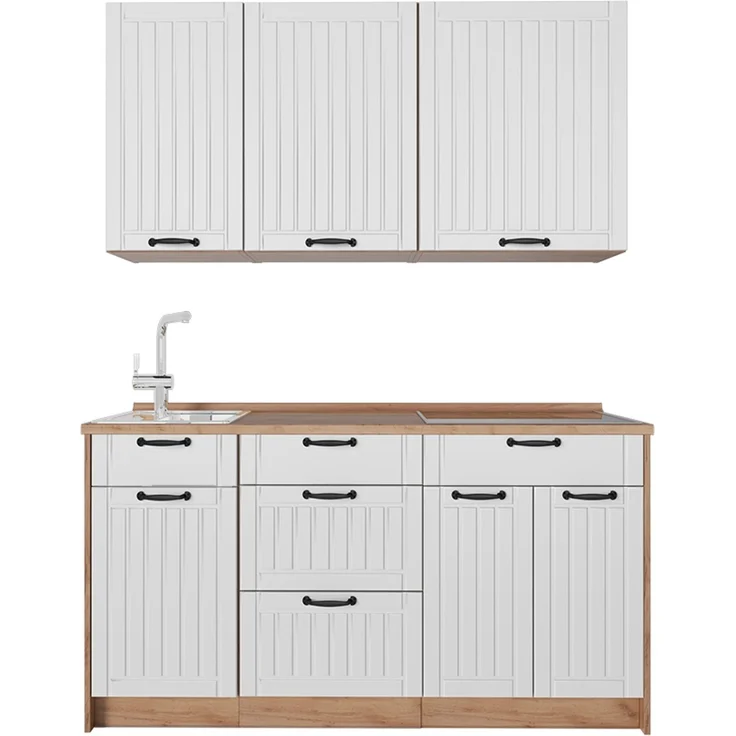 Singleküche Fame-Line Weiß Landhaus/Goldkraft Eiche 150 cm, AP Eiche Vicco – Bild 1