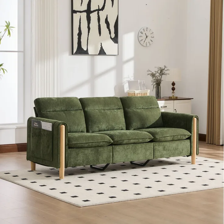 DESVIAE Sofa 3-Sitzer mit Stauraumhocker und Seitentaschen 201x77x86 cm Chenille Grün