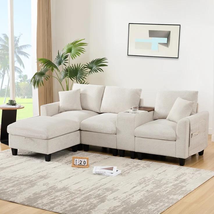 Ecksofa L-Form, umwandelbares Sofa mit Konsole Becherhaltern USB Ladeanschlüssen Armlehnen-Aufbewahrungstasche und Kissen für kleine Räume, Cordstoff, , – Bild 6