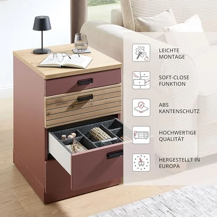 Stella Trading Glenn Rollcontainer Schreibtisch in Rusty Red, Artisan Eiche Optik - Mobiler Büroschrank mit Schubladen - 45 x 66 x 55 cm (B/H/T) – Bild 5