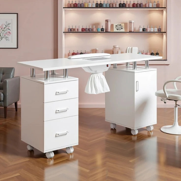 Home Nature Wohnkonzept Maniküretisch mit Absaugung 120 cm, Nageltisch mit 3 Schubladen, 1 Schrank & Rollen, mit Staubschutzabdeckung – weiß für Nagelstudio & Kosmetik – Bild 1