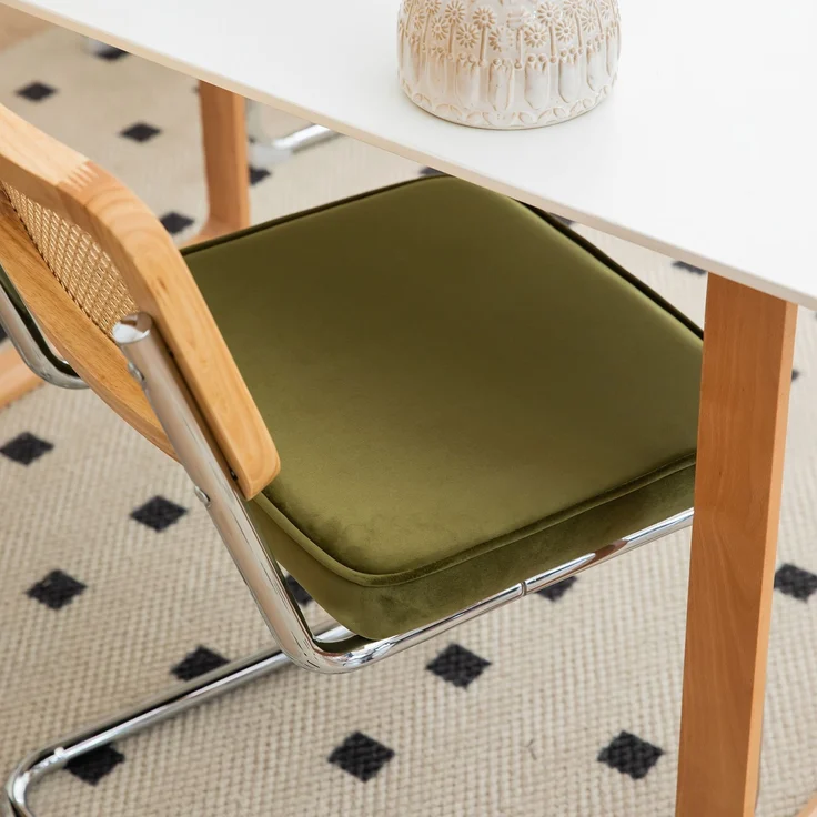 LVHOM Freischwinger 2er Set Esszimmerstuhl, Retro Küchenstuhl mit Chromgestell & Rattan-Rückenlehne, gepolsterter Samtsitz, stapelbar, moderne Wohnzimmerstuhl, Olivgrün – Bild 5
