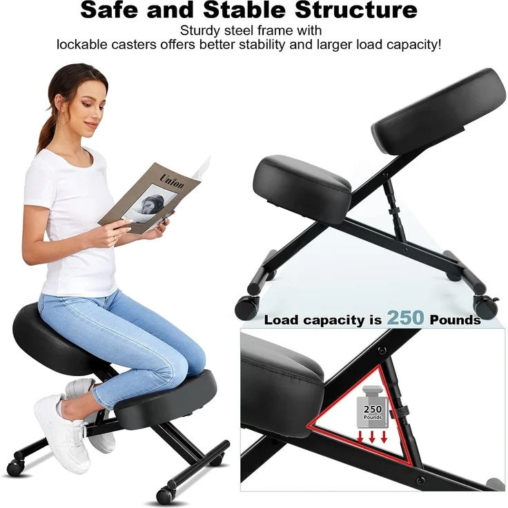 Kniestuhl Ergonomischer, Verstellbarer Kniehocker Stuhl für Büro, Metallgestell + Leder Bürostuhl Sitzhocker mit Knieablage, Rollen, 3" Kissen, Hocker zu Verbessert Haltung & Rückenschmerzen – Bild 6