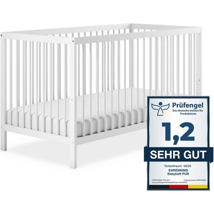 Ehrenkind® Babybett PUR 120x60 aus Buchenholz | Weiß | Kinderbett 9-Fach höhenverstellbar mit entnehmbaren Stangen | Baby Bett – Bild 4