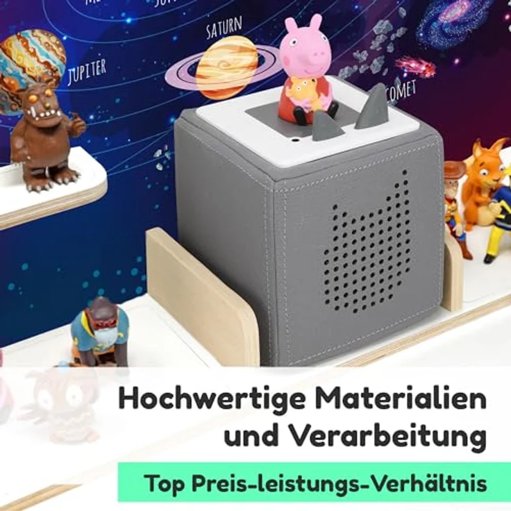stadtecken Holzregal für Tonies & Toniebox – Musikbox Wandregal aus 10mm Holz – Platz für 35-50 Figuren mit Magnetfunktion – Handgefertigt – Zum Aufstellen oder Aufhängen (Sonnensystem, Groß) – Bild 4