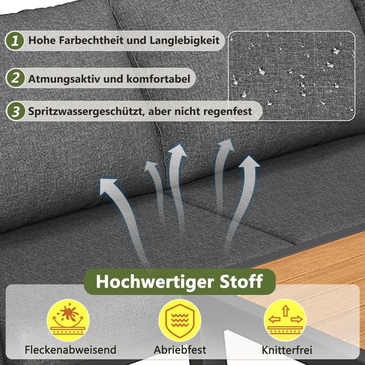 Merax Gartenlounge-Set, 7-Sitzer L-förmiges Gartensofa-Set mit Sessel, geflochtenen Armlehnen, Wetterfeste Eckgarnitur aus Eisen, mit Holz-Couchtisch, Mit Polstern & Kissen, Grau – Bild 7