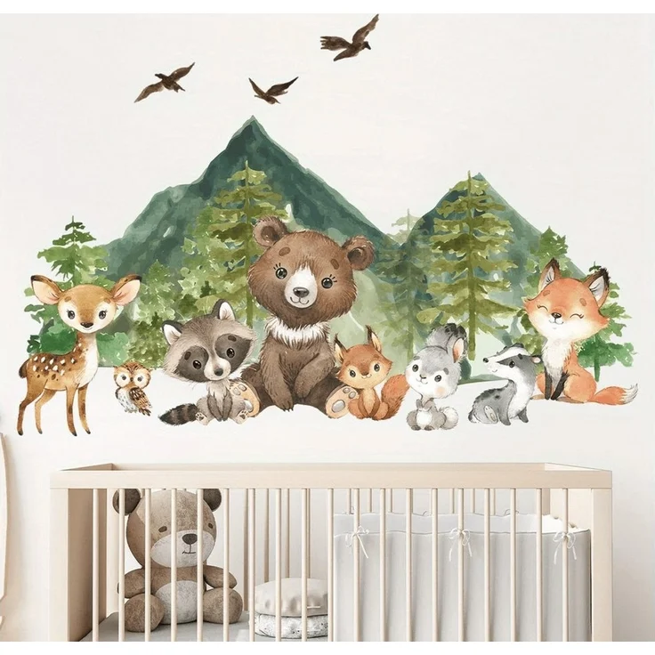 Montegoni Wandsticker Kinder Tier Wandaufkleber Dekoration (lächelndes Gesicht Bär, Hirsch, Fuchs,Baum, Bergtier Wandaufkleber), Wandtattoo mit Waldtieren für Schlafzimmer,Kinderzimmer – Bild 3