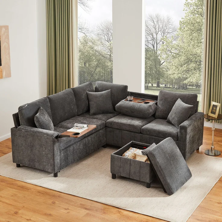 EINHOM Chenille-Ecksofa mit Schlaffunktion, Ausziehsofa mit Hocker, Leselampe, USB & Type-C, Ausgestattet mit verstecktem Tisch, Ausklappbarer Couchtisch mit zwei Getränkehaltern, Grau, 205 x 205 x 85 CM[9907] – Bild 4