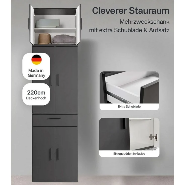 mokebo Mehrzweckschrank Der Extralange (60x230 cm) Made in Germany, Büroschrank, Aktenschrank, Flurschrank in Anthrazit – Bild 2