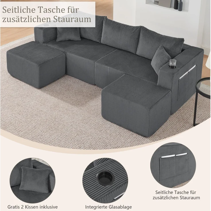Ecksofa, Cordstoff mit 2 beweglichen Ottomanen & Getränkehaltern, 3-Sitzer, 230×138×75 cm, Grau – Bild 5
