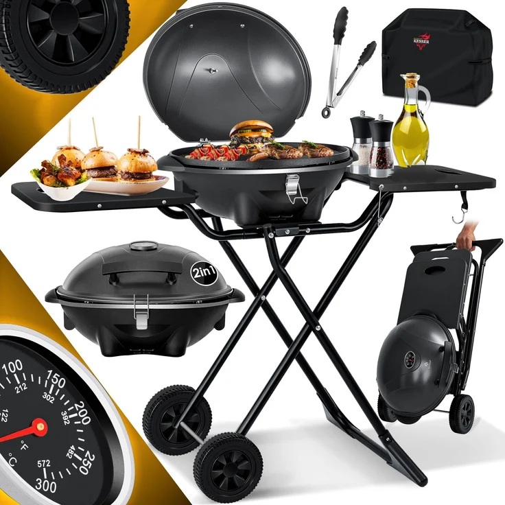 KESSER® 2in1 Elektrogrill mit Deckel und Standfuß, faltbar, mit Thermometer und 2 Räder, Aluminium schwarz, 122 x 98 x 57 cm – Bild 1