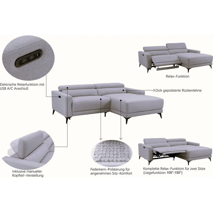 OTTO home Ecksofa LEWII, L-Form, 213 cm - elektr. Relaxfunktion, mit USB A/C-Anschluss. Federkern, verstellbaren Kopfstützen, Webstoff – Bild 3